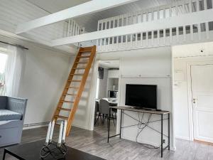 a bedroom with a loft bed with a desk and a tv at Nature Retreat on Farm in Berga in Berga