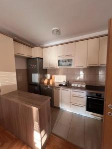 eine Küche mit weißen Schränken und Geräten aus Edelstahl in der Unterkunft Maša&Marko in Trebinje