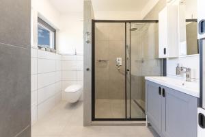 a bathroom with a shower and a toilet and a sink at V Doubravách in Boskovice +10 photos