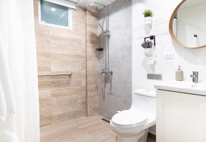 een badkamer met een douche, een toilet en een wastafel bij AQUA Terrazas Studio 1 - ADA Accessible - Beach, Pool & Dining in Dorado