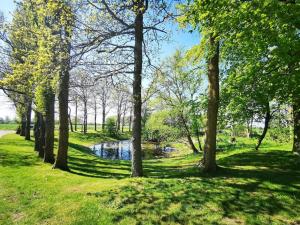 un chemin à travers un parc arboré et une rivière dans l'établissement Cozy Holiday Apartment on Fehmarn, à Petersdorf auf Fehmarn