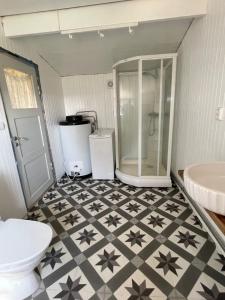 a bathroom with a shower and a toilet and a sink at Skokkelvika gård in Vestvågøya
