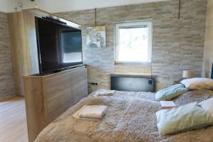 a bedroom with two beds and a flat screen tv at Csobbanka Vendégház in Csobánka