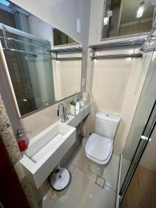 a bathroom with a sink and a toilet and a mirror at Estúdio no Centro Reformado e Decorado in Nova Friburgo