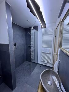 a bathroom with a shower with a sink and a glass shower at MARKINA - Ferienwohnung - Kiliani I in Mühlhausen +74 photos