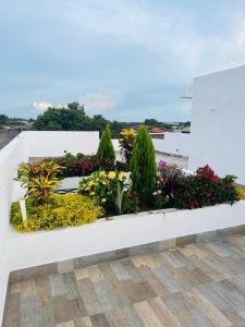 a white bench with flowers and plants on a building at Villa M&G Mompox in Santa Cruz de Mompox