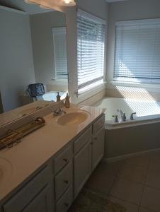 a bathroom with a sink and a tub and a mirror at The Serene in Between in Snellville