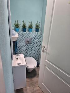 a bathroom with a toilet and a sink and potted plants at Georgi in Freilassing +27 photos