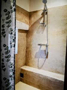 a bathroom with a shower with a shower curtain at Maison 3 chambres 170m2 in Pierrerue +32 photos