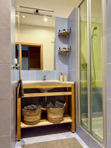 a bathroom with a sink and a shower at CityStay Apartment Žilina with Parking in Žilina