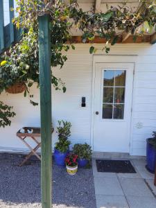 a front door of a house with potted plants at Cosy Orchard Loft - Fast WIFI in Tauranga