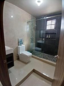 un bagno con lavandino, WC e doccia di Vista Al Mar a Ensenada Altre 23 foto