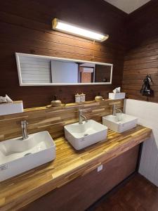 a bathroom with two sinks on a wooden counter at MATAHARI Guest house in Miyazaki +54 photos