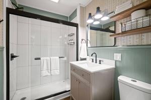 a bathroom with a shower and a sink and a toilet at 9mi To NRG | Game Room | Hot Tub | Firepit | Grill in Oak Hill +45 photos