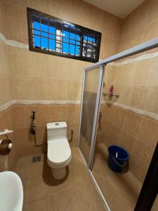 a bathroom with a toilet and a shower and a sink at Kas Villa Homestay JB in Johor Bahru