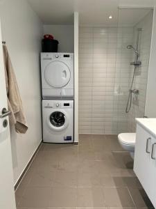 Un baño con lavadora y un inodoro. en Modern Apartment by Beach and Metro, en Vallensbæk