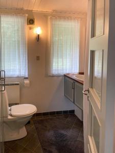une salle de bains avec toilettes et lavabo dans l'établissement Family Cottage At Odden, 100 Meters From The Beach, à Lumsås