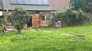 a dog sitting in a yard in front of a house at Himmelsscheibe in Wangen +3 photos