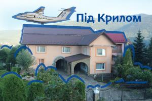 a plane is flying over a house with blue arrows at 2х місна кімната з видом у сад in Delyatyn