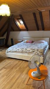 a bedroom with a bed with a fan and a table at Rooms for rent in Bolligen in Bolligen