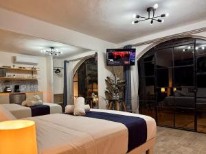 a bedroom with two beds and a flat screen tv at Luminous French Arch Room in Chuburná de Hidalgo