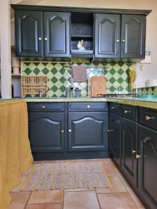 a kitchen with navy blue cabinets and a tile floor at Le Clos du Botaniste in Pouilly-le-Monial +23 photos