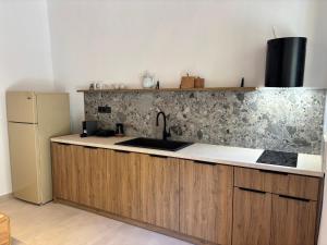 una cocina con fregadero y refrigerador en Aethon Retreat, en Kousés