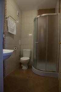 a bathroom with a shower and a toilet and a sink at Sveti Nikola Family Hotel Sapareva Banya in Sapareva Banya