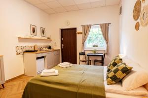 a small room with a bed and a kitchen at Airport Lux Motel Balice in Szczyglice
