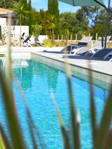 Una piscina azul con sillas y sombrilla. en Villa E Cotule, en Santa-Reparata-di-Balagna
