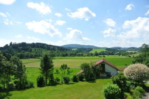 vistas a un campo verde con una casa en Haus Am Waldrand - Ferienwohnung Augustin en Grafenau