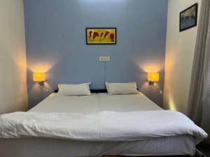 Un dormitorio con una gran cama blanca con dos lámparas. en Pushkar Story Homestay, en Pushkar