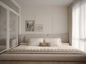 a bedroom with a large white bed with a window at The Amber Flame Saigon-Modern Hideout with Rooftop Pool & Bar Access-Near Bùi Viện in Ho Chi Minh City