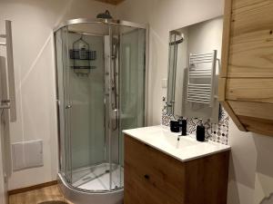 a bathroom with a glass shower and a sink at Studio des bains in Aix-les-Bains