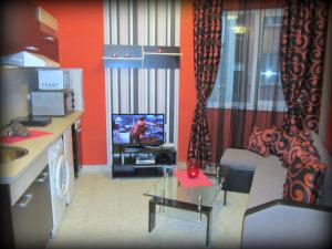 un salon avec une télévision, un canapé et une table dans l'établissement Apartments Vasil Levski, à Plovdiv