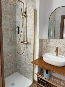 a bathroom with a sink and a shower at Apartamentos Pirineo in Isaba