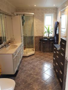 a bathroom with a shower and a toilet and a sink at Exclusive villa by the sea, close to Saltstraumen in Bodø