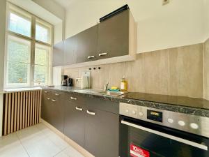 a kitchen with gray cabinets and a sink at Renovated Spacious Apartment with Free Parking in Vienna +10 photos