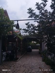 Un camino de piedra con una farola en un patio. en Marina, en Sremčica