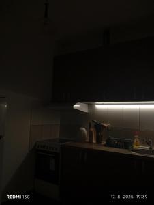 Una cocina con estufa y luz en la oscuridad. en Marina, en Sremčica