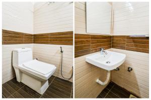 two pictures of a bathroom with a toilet and a sink at Hotel O Durgam Cheruvu Metro Station in Hyderabad