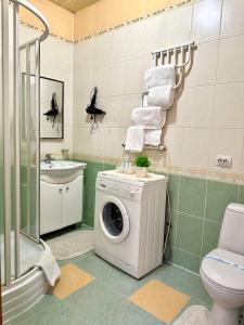 a bathroom with a washing machine and a toilet at Apartments with a coffee machine in the city center, near the theater and Zlata Plaza in Rivne