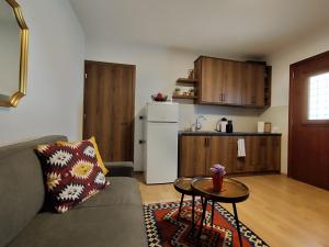 a living room with a couch and a table and a kitchen at Κάλλος-Kallos Apartment in Metsovo
