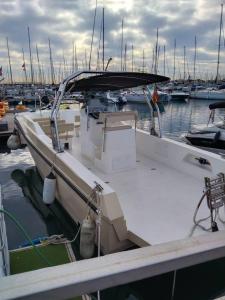un barco está atracado en un puerto deportivo con otros barcos en Victoria, en Valencia
