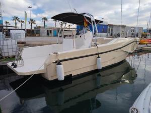 un barco blanco está atracado en el agua en Victoria, en Valencia