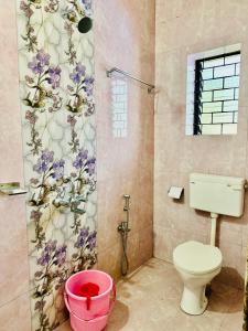 a bathroom with a shower with a toilet and a bucket at Chelsea inn in Calangute
