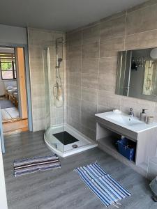 a bathroom with a shower and a sink at Spacious villa with garden - ideal for groups in Gerpinnes +17 photos