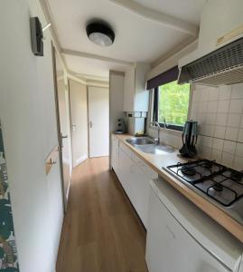 a small kitchen with a sink and a stove at Nice vacation home in forest area in Anloo +7 photos