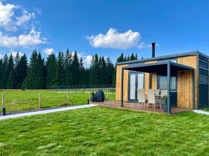 a house with a large yard with grass at Czech Tinyhouse Lasówka in Lasowka