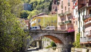 a bridge over a river in a city with buildings at Les Morèses in Amélie-les-Bains-Palalda